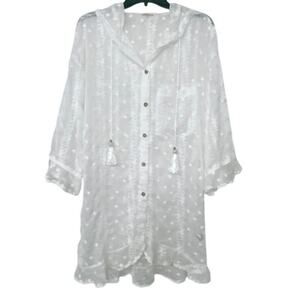 POL White Sheer Embroidered Hooded Tunic Cover Up Tassel Boho Cottagecore – S